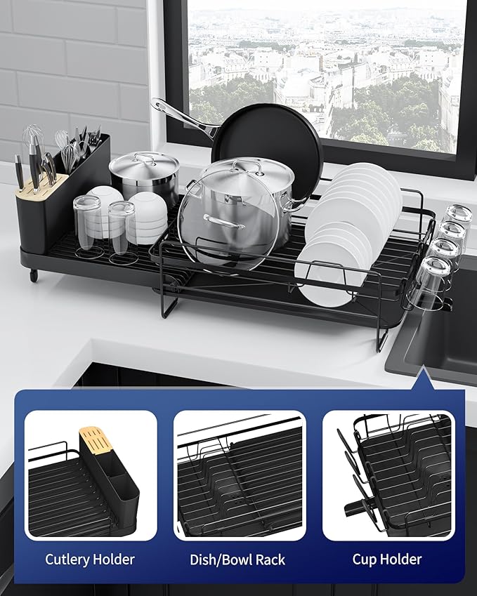 Kitsure Large Dish Drying Rack - Extendable Dish Rack, Multifunctional Dish Rack for Kitchen Counter, Anti-Rust Dish Drainers with Cutlery & Cup Holders 19.2"-26.7" L x 12.9" W, Black