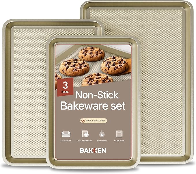 Diamond Bottom Cookie Sheet Set of 3, Nonstick Gold Carbon Steel Baking Pans for Crisp Baking, Space-Saving Stackable Trays, PFOA, PFOS, PTFE Free, Oven Safe Up to 450°F, Small, Medium & Large Sheets