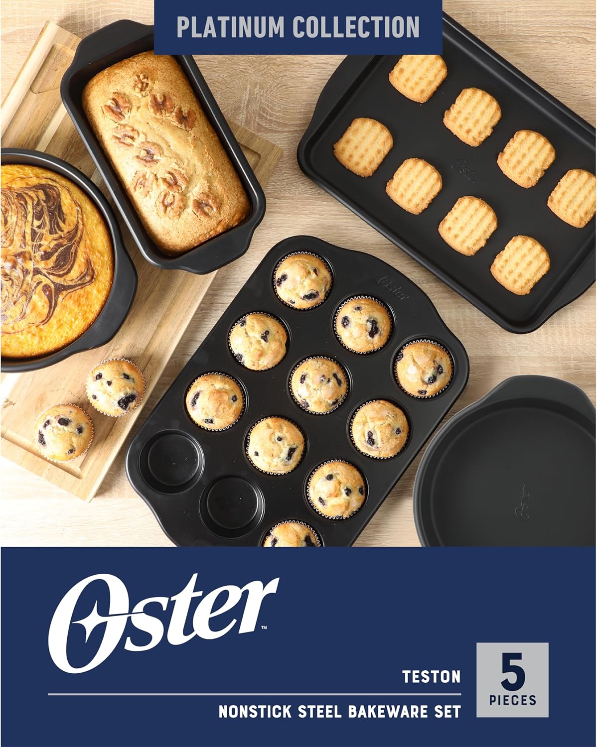 Oster Teston 5 Piece Carbon Steel Baking Pans Bakeware Set w/Premium PFA Free Nonstick - Matte Black