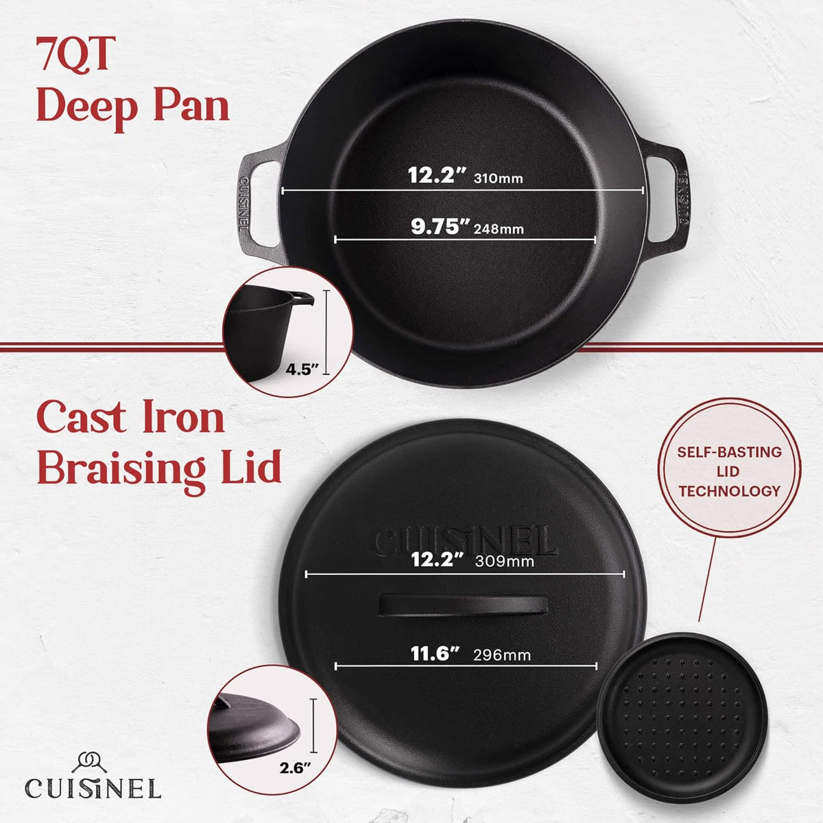 Cuisinel Cast Iron Dutch Oven - 7-Quart Deep Pot + Lid + Pan Scraper + Handle Covers - Large Pre-Seasoned Cooker for Baking Bread, Soup, Frying - Indoor/Outdoor Kitchen, Camping, Fire, BBQ Safe