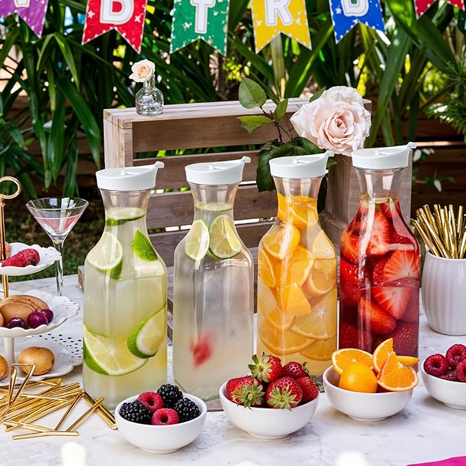 GUSTO [50 oz - 8 Pack] Plastic Carafe with Lid, Large Capacity Square Base - Clear Pitcher with Flip Top Lid, Easy-Pour Spout Juice Containers with Lids - Perfect for Mimosa Bar, Water, and Cold brew