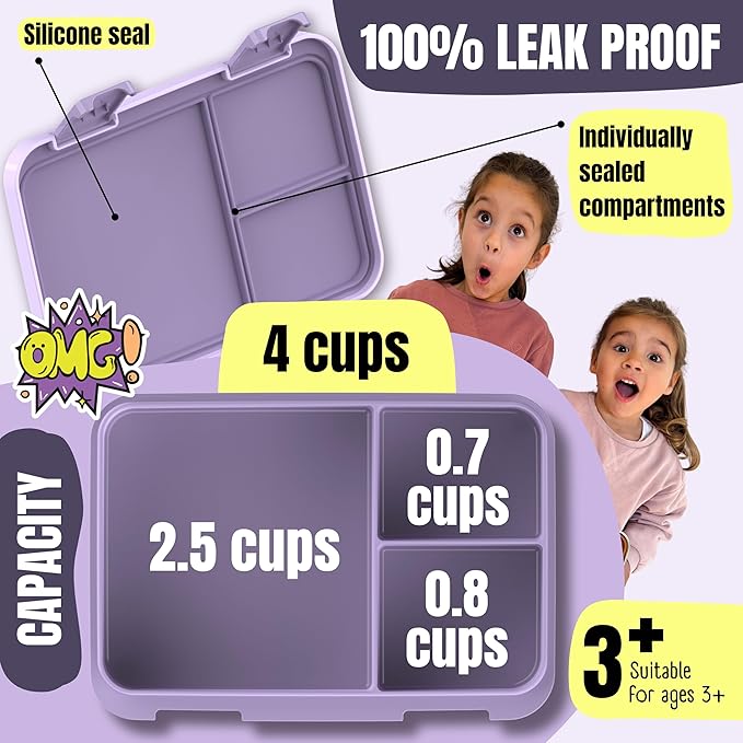 BEARFOOT Kids Lunch Box with Compartments – Compact & Lightweight | Leak-Proof, BPA-Free, Dishwasher & Microwave Safe | Hand-Drawn Design for Preschool, School, Travel (Purple, 4 Cups)