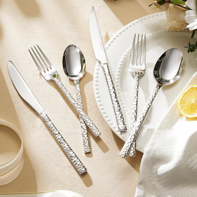 KINGSTONE 36 Piece Silverware Set with Steak Knives, Hammered Silverware Set for 6, 18/10 Stainless Steel Flatware, Cutlery Set for Home, Party, Wedding, Mirror Polished Dishwasher Safe