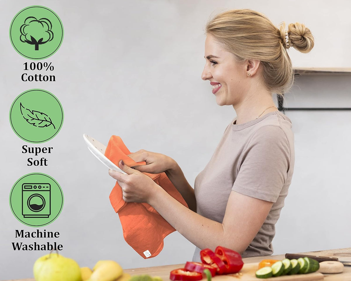 RUVANTI Flour Sack Towels 6 Pack 28x28 Inch, 100% Cotton Tea Towel, Reusable, Machine Washable, Absorbent BarTowels - Dish Cloth Perfect for Drying Dishes & Cleaning - Orange