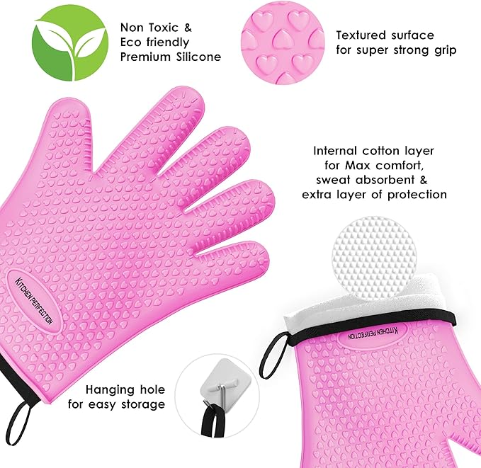KITCHEN PERFECTION Silicone Smoker Oven Gloves -Extreme Heat Resistant BBQ Gloves-Handle Hot Food Right on Your Grill Fryer & Pit|Waterproof Grilling Cooking Baking Mitts|Superior Value Set+3 Bonuses