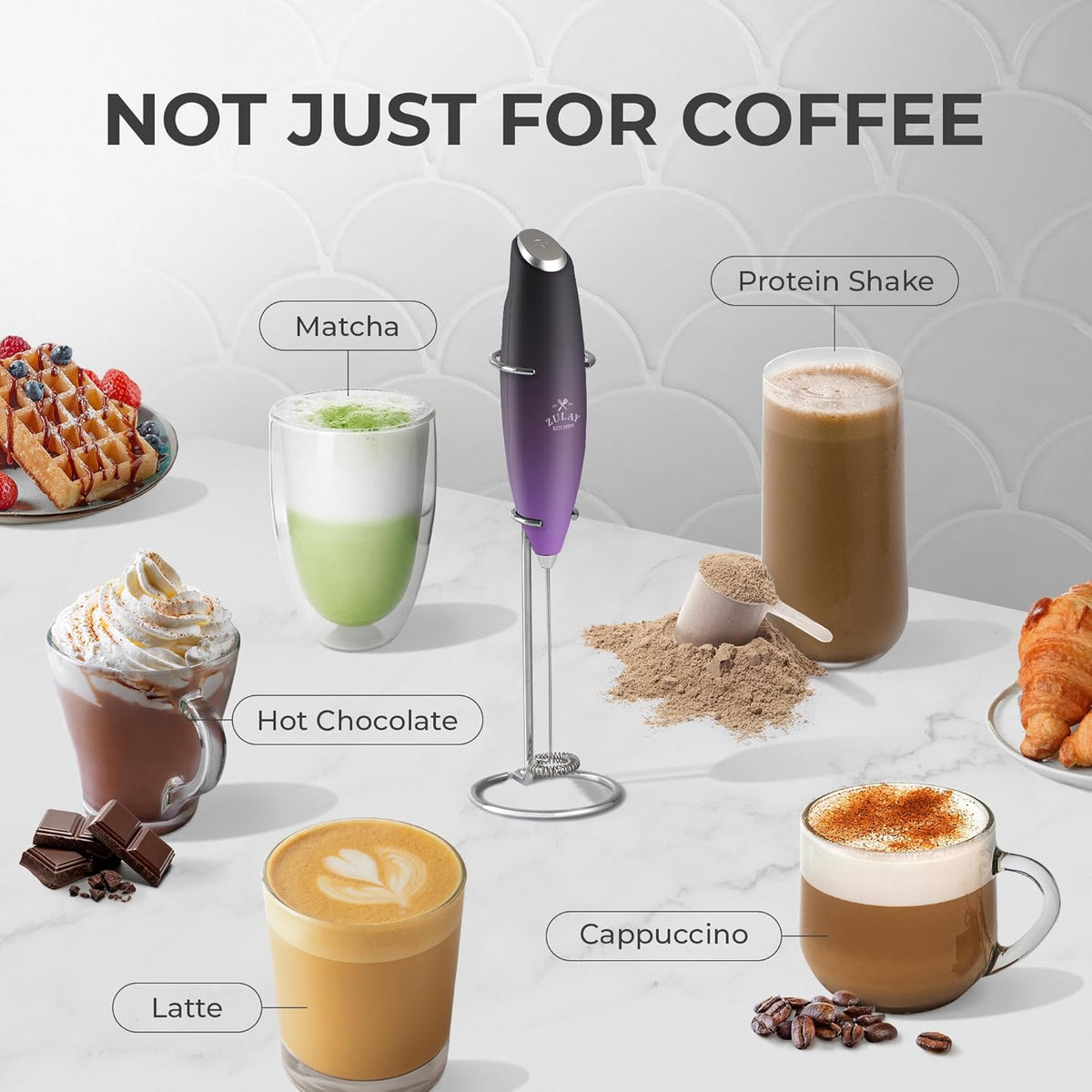 Zulay Kitchen Powerful Milk Frother Wand With 4 AA Duracell Batteries - Ultra Fast Handheld Drink Mixer - Electric Whisk Foam Maker for Coffee, Lattes, Cappuccino, Matcha & Creamer -