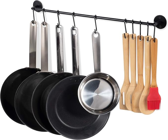 Wallniture 24" Gourmet Kitchen Rail for with 10 S Hooks for Hanging Utensils, Pot Pan Lid Rack Storage Organizer Set, Steel, Black