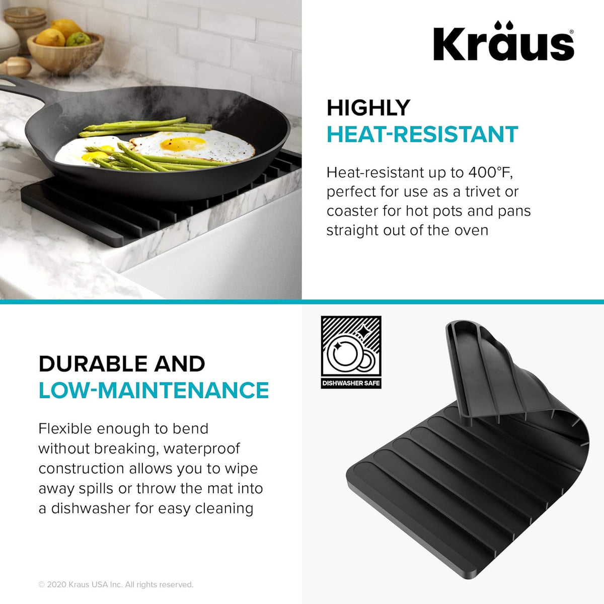 Kraus Self-Draining Silicone Dish Drying Mat or Trivet for Kitchen Counter in Black, KDM-10BL