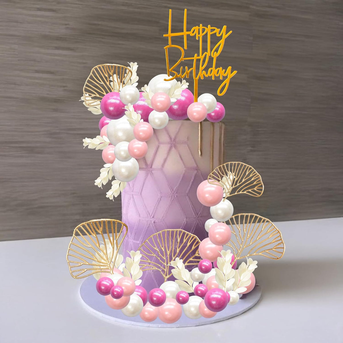 Gyufise 57Pcs Balls Cake Topper Boho Grass Cake topper Pearl Balls Acrylic Happy Birthday Cake Decorations for Wedding Baby Shower Birthday Boho Themed Party Supplies Rose Red