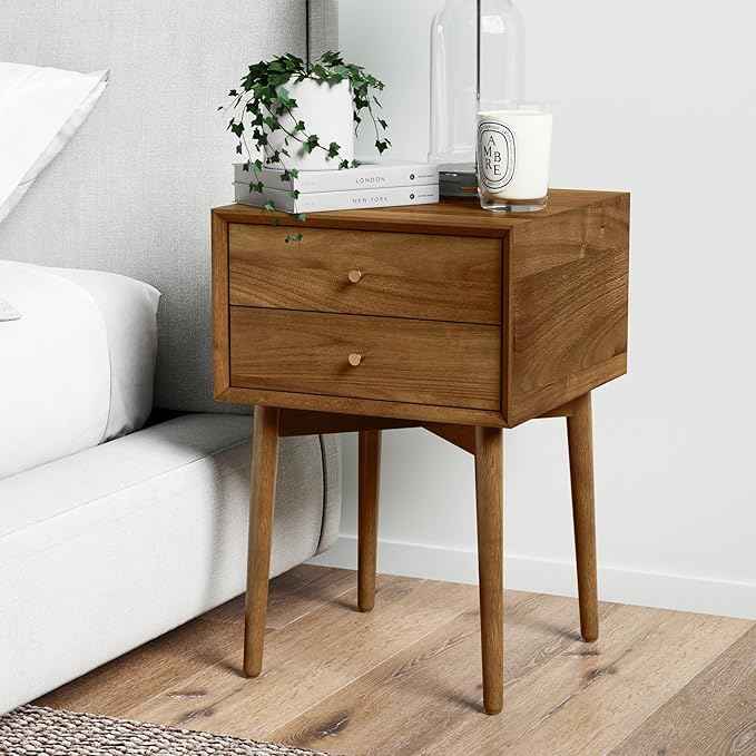 Nathan James 32704 Harper Mid-Century Oak Wood Nightstand with 2-Drawers, Small Side End Table with Storage, Brown