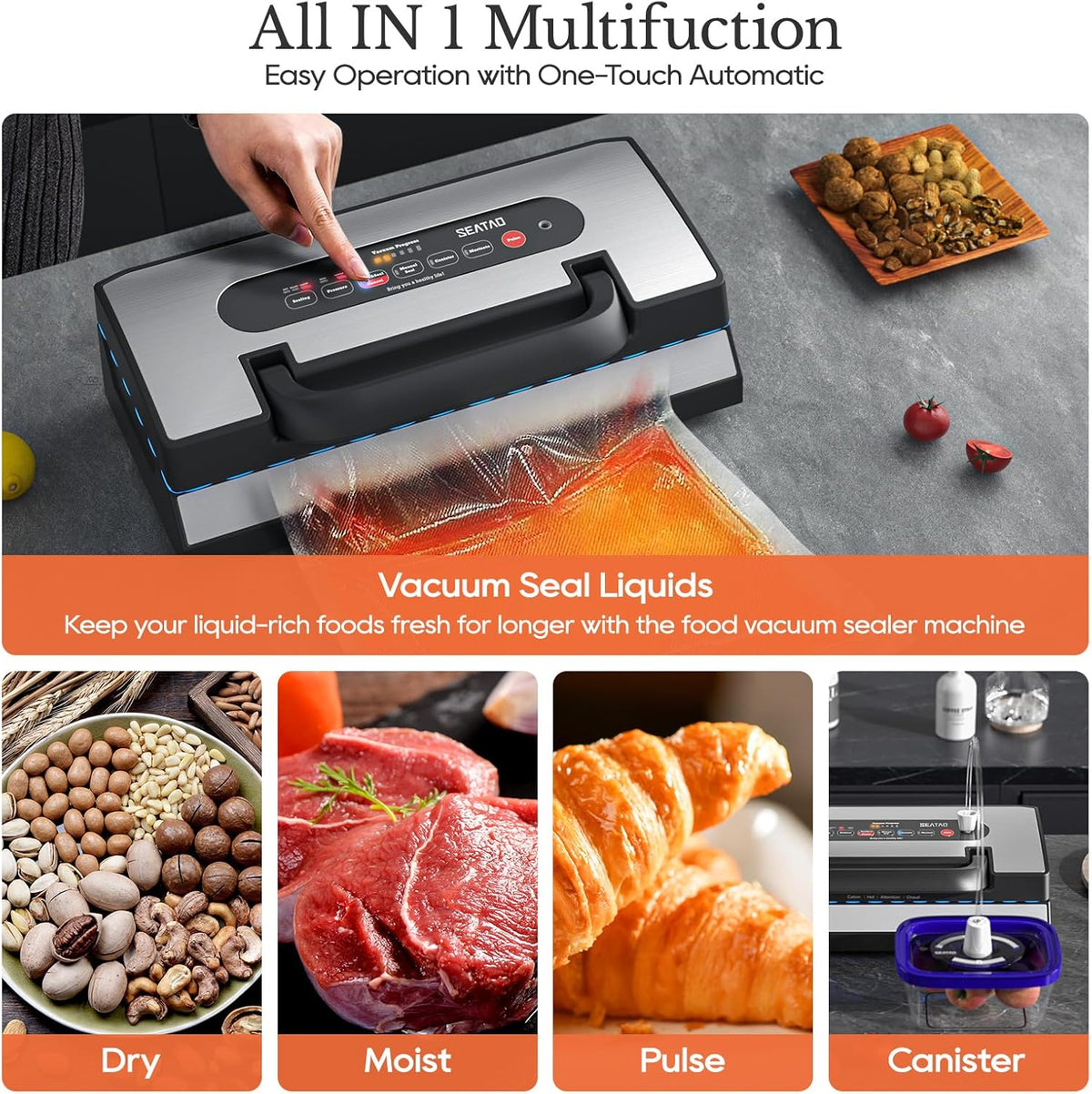 Upgraded Vacuum Sealer for Liquid, SEATAO 90Kpa Vacuum Sealer Machine for Dry/Moist/Liquid Food, Easy-Lock Handle, Double Heat Seal, Built-in Cutter and Bag Storage & Removable Drip Tray