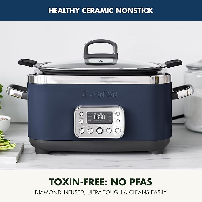 GreenPan Elite 14-in-1 Nonstick 6QT Electric Slow Cooker, PFAS-Free Ceramic Multi-Cooker, In-Pot Browning, Dishwasher Safe Lid & Removable Crock, Stainless Steel Steamer, Silicone Handles, Oxford Blue