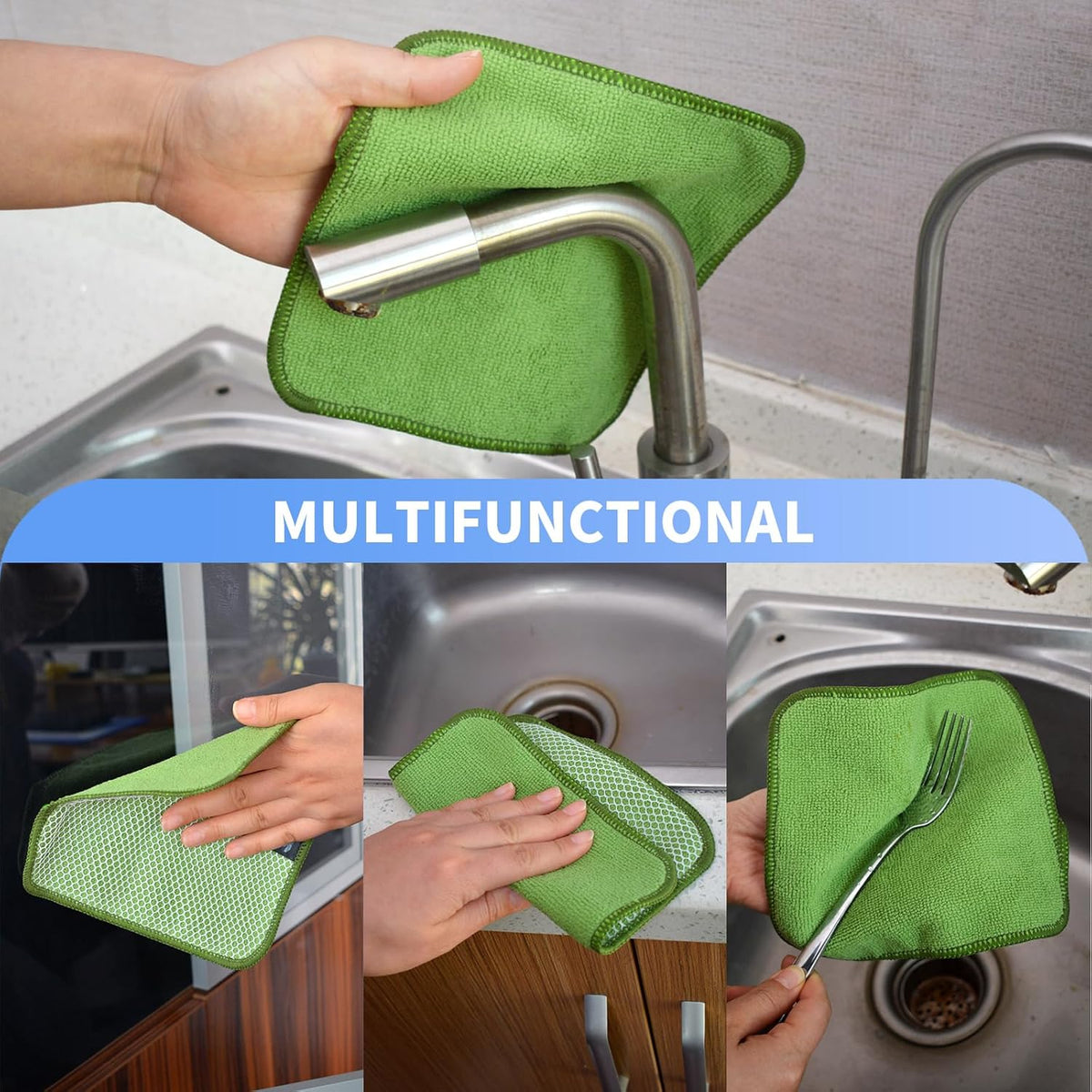 KinHwa Kitchen Washcloths for Dishes Absorbent Microfiber Dish Cloths Quick Dry Dish Rags with Poly Scour Scrub Side Ideal for Kitchen Cleaning (Green, 7inchx7inch 9 Pack)
