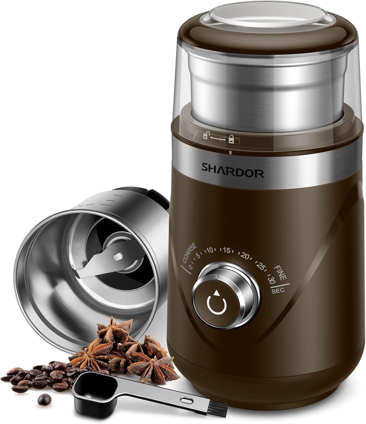 SHARDOR Electric Super Silent Blade Coffee Grinder, Timed Grind Control Rotary Knob, Adjustable Coarse to Fine for Coffee Beans, Spices & Herbs, with 1 Removable Stainless Steel Bowl, Brown