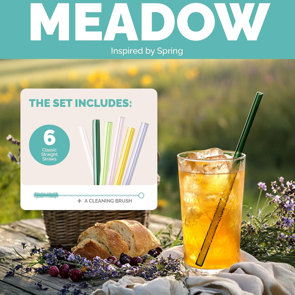 Simply Straws 10 Inch Glass Straws Straight (6-Pack) – Reusable Glass Straws for 24 Oz Mason Jars & Tumblers, with Cleaning Brush – Durable, Dishwasher Safe, Hot & Cold Use, BPA-Free (Meadow)