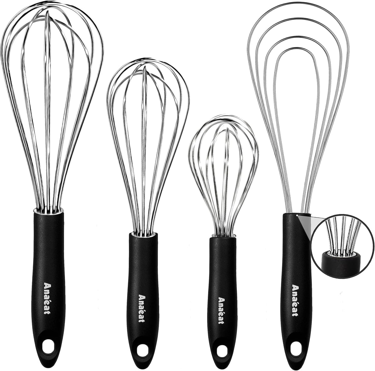 Anaeat Stainless Steel Kitchen Whisk Set of 4, Milk and Egg Beater Blender with Thick Wire for Whisking, Cooking, Baking, Beating and Stirring - 11'' Flat Whisk and 8.5''+10.5''+12'' Balloon Whisks