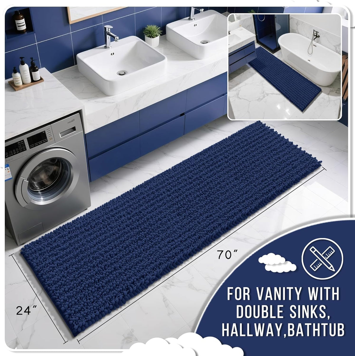 Yimobra Bathroom Runner Rug 70x24 Inch - Extra Long Non Slip Chenille Bath Mat, Soft & Absorbent, Machine Washable Shaggy Hallway Carpet for Vanity Tub Shower, Navy Blue Home Decor Accessories