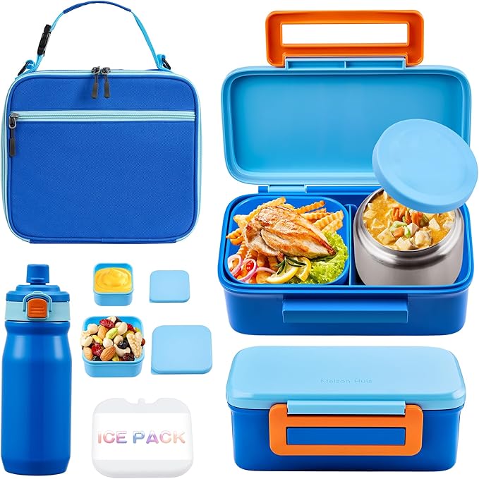 Bento Lunch Box for Kids With 8oz Thermo, Leakproof Bento Box with with 2 Compartments, Insulated Bottle, Lunch Bag, BPA Free Dishwasher Safe for School Girls Boys (Blue)