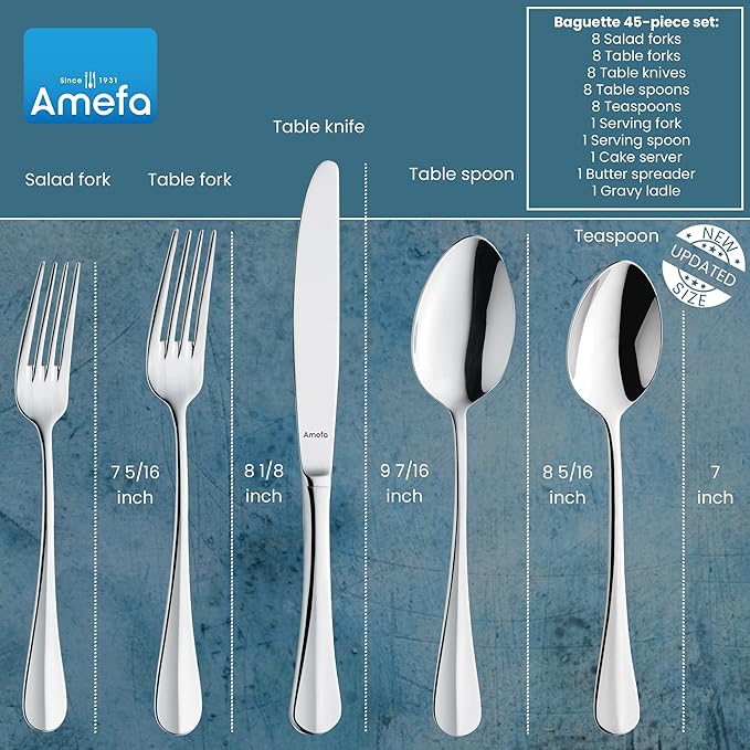 Amefa 45-Piece Silverware Flatware Cutlery Set Service for 8, Durable 18/10 Stainless Steel High Gloss Mirror Finish, tableware in Ergonomic Design Size and Weight, Dishwasher Safe (Baguette)