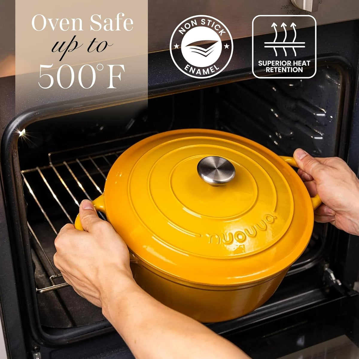 Nuovva Enamelled Cast Iron Dutch Oven Pot with Lid 6.4 Quart Non Stick Casserole Pot – Heavy Duty & Oven Safe up to 500° F for Bread Baking, Braising, Stews, Roasting – 28cm Yellow