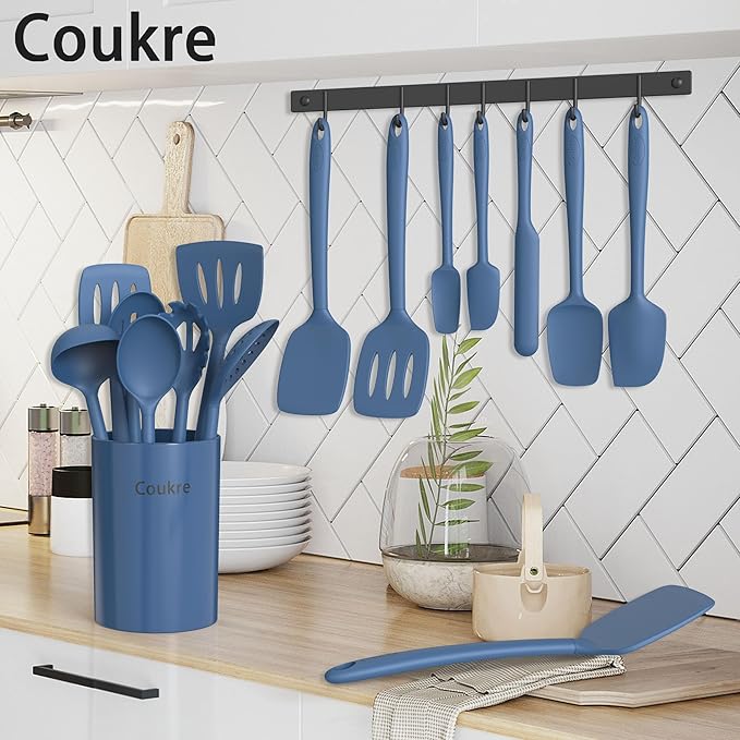 Coukre Silicone Kitchen Cooking Utensils Set with Holder – Heat-Resistant, Food-Grade Kitchen Tools, Spatula, Spoon & Gadgets for Non-Stick Pans, Dishwasher Safe (14, PureDarkBlue)