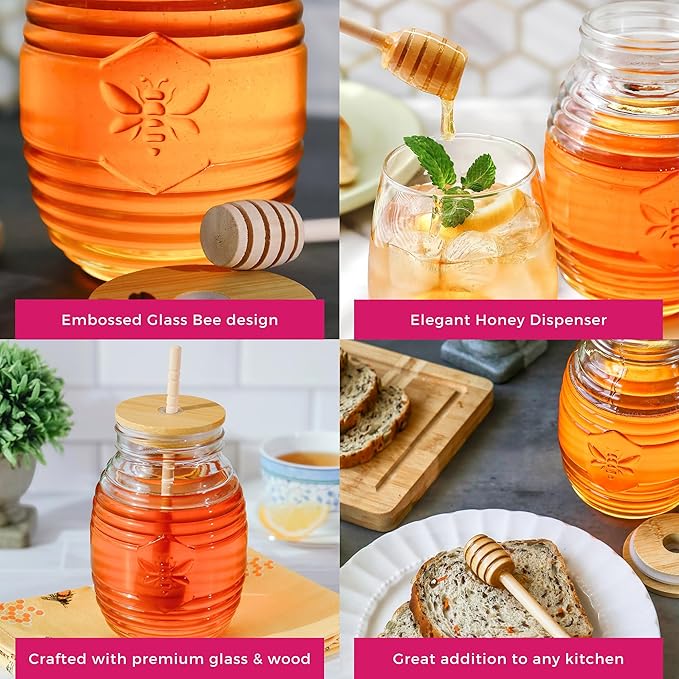 Kate Aspen 24oz. Bee Hive Shaped Honey Glass Mason Jar with Two Wooden Honey Dippers, Bamboo & Metal Lid, Kitchen Decor, Bumblebee Baby Shower Prize, Take Home Gift, Bee Decorations