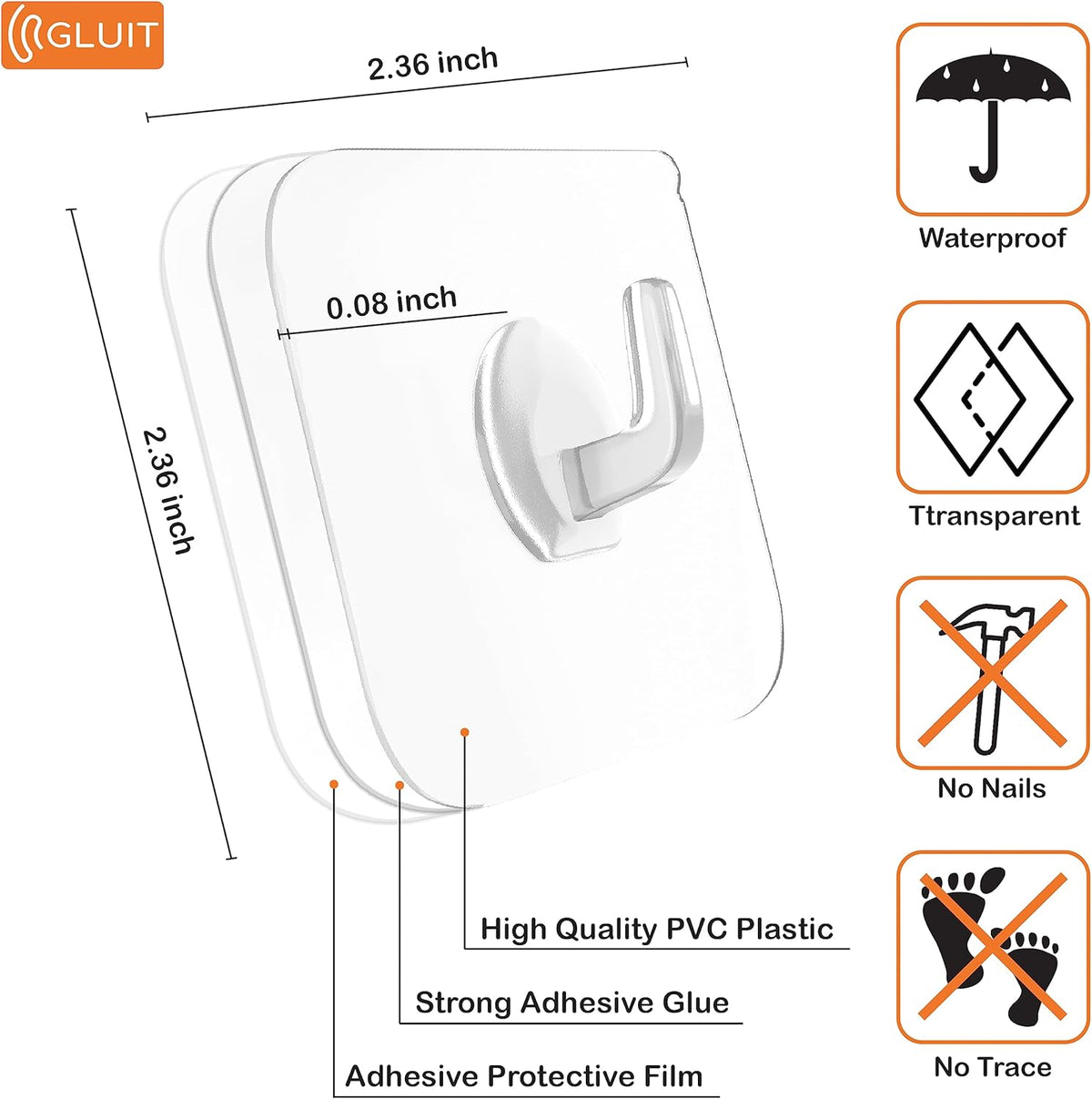 GLUIT Adhesive Plastic Clear Hooks Transparent Utility Hook for The Drill-Free Wall (20 Small Hooks)