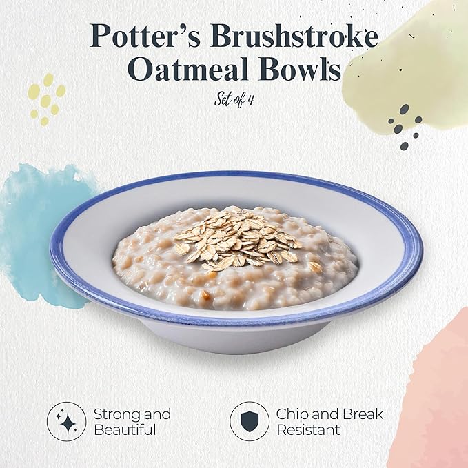 Portmeirion Potter's Brushstroke Oatmeal Bowl (Set of 4) - Ideal for Porridge, Soup, Desserts - Microwave & Dishwasher Safe Earthenware Bowls, Durable Dishware Collection - Made in UK (Blue)