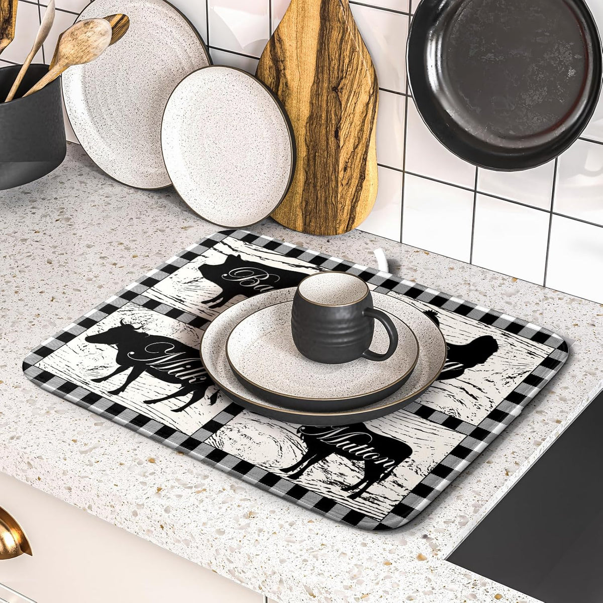 Farmhouse Animal Dish Drying Mat Buffalo Plaid Drainer Rack Mats Fast Dry Absorbent Kitchen Countertop Protector Dishes Pad 16x18 Inch