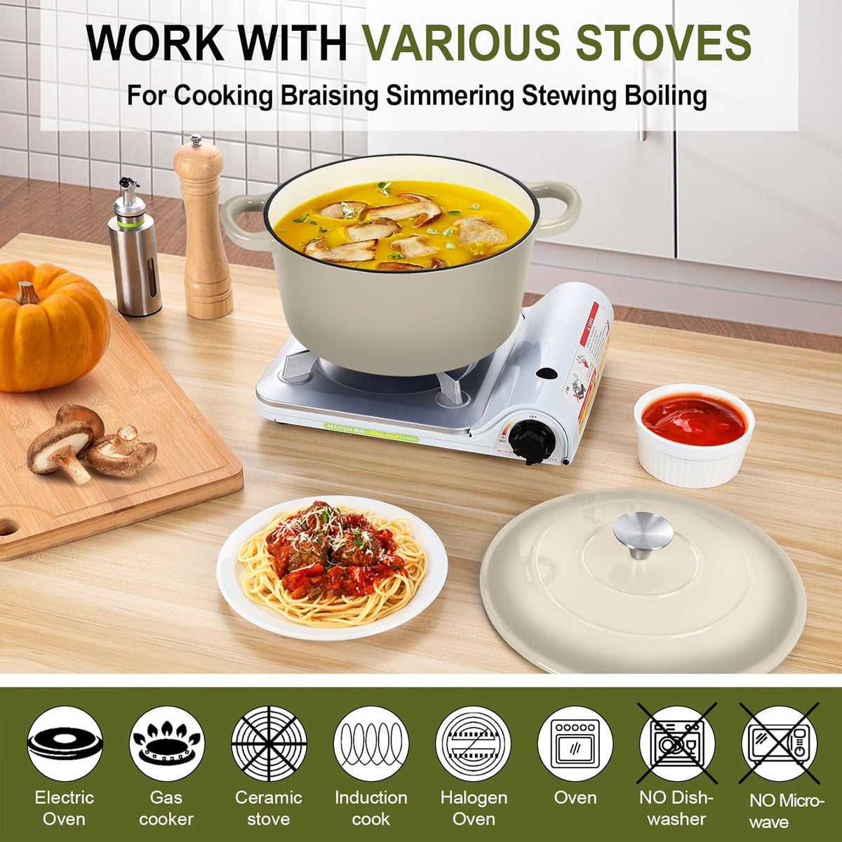 P&P CHEF 6QT Enameled Dutch Oven, Cast Iron Dutch Oven Pot with Lid for Bread Baking, Enameled Casserole Pot for Roasting Braising Stewing Frying Simmering, Various Stoves & Easy Clean, Khaki