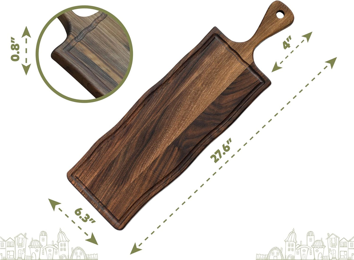 Elegant Walnut Wood Long Serving Board with Handle - Charcuterie Wooden Board - Stylish Versatility for Culinary Delights - Reversible with Juice Groove - 27.6x6.3x0.8 in - Woodie Poppins (Medium)