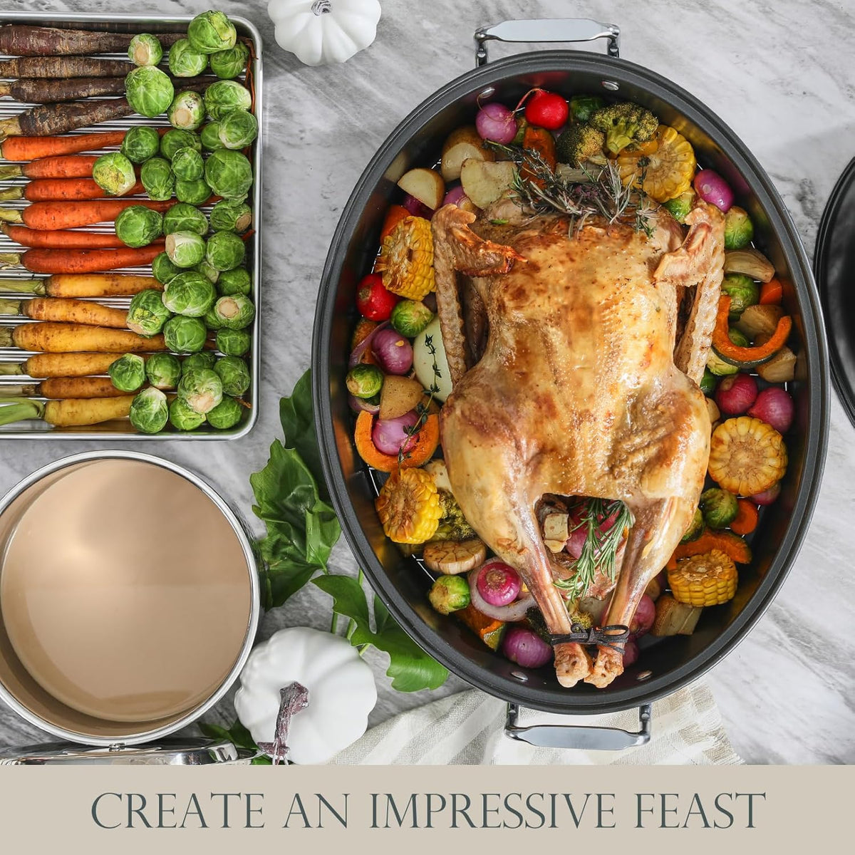 KITESSENSU Extra Large Roasting Pan with Lid - Nonstick Turkey Roaster with Rack 18 x 14 Inch - Heavy Duty Covered Roasting Pot for Oven, Dishwasher Safe, Gray