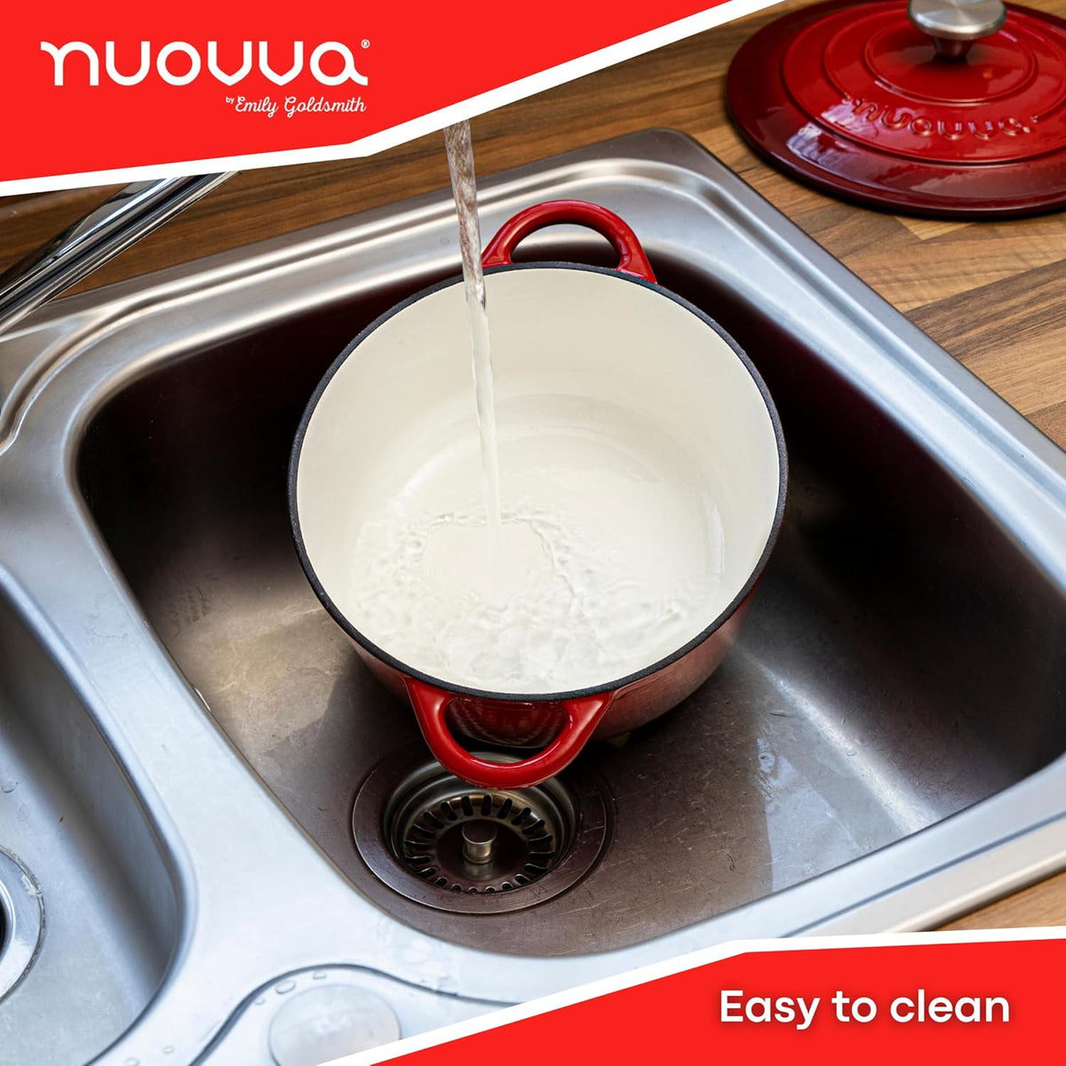 Cast Iron Pot with Lid – Non-Stick Ovenproof Enamelled Casserole Pot, Oven Safe up to 500° F – Sturdy Dutch Oven Cookware – Red, 5-Quart, 24cm – by Nuovva