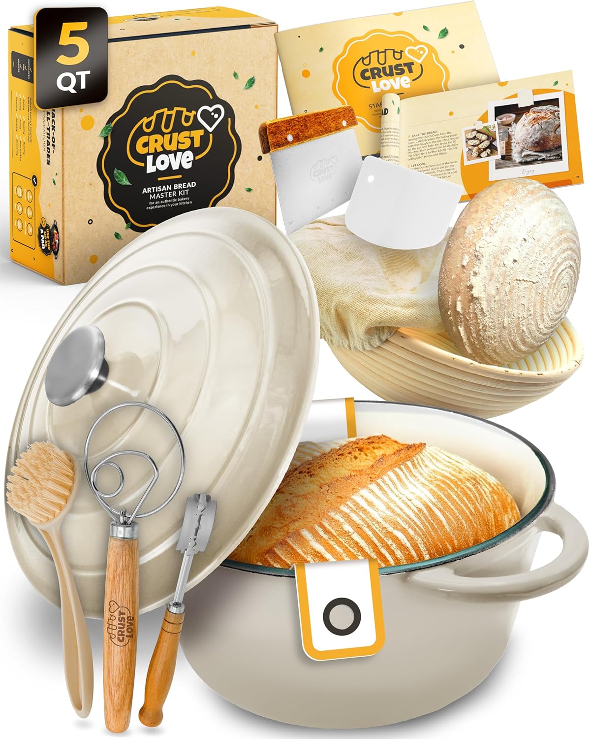 Dutch Oven for Bread Baking - incl. Sourdough Bread-Baking Supplies like Banneton Bread-Proofing Basket - 5QT Enameled Cast Iron Bread-Oven with Lid, Baking Pan, Scoring Tool Lame