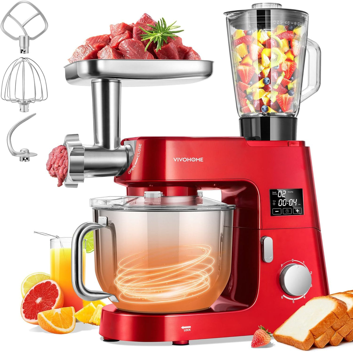 VIVOHOME 9 in 1 Multifunctional Stand Mixer with Fermentation, 6 Speed 7.5 Quart Kitchen Electric Food Mixer with Timer, Meat Grinder, Juice Blender, Vegetable Slicer, Pasta and Cookie Maker, Red