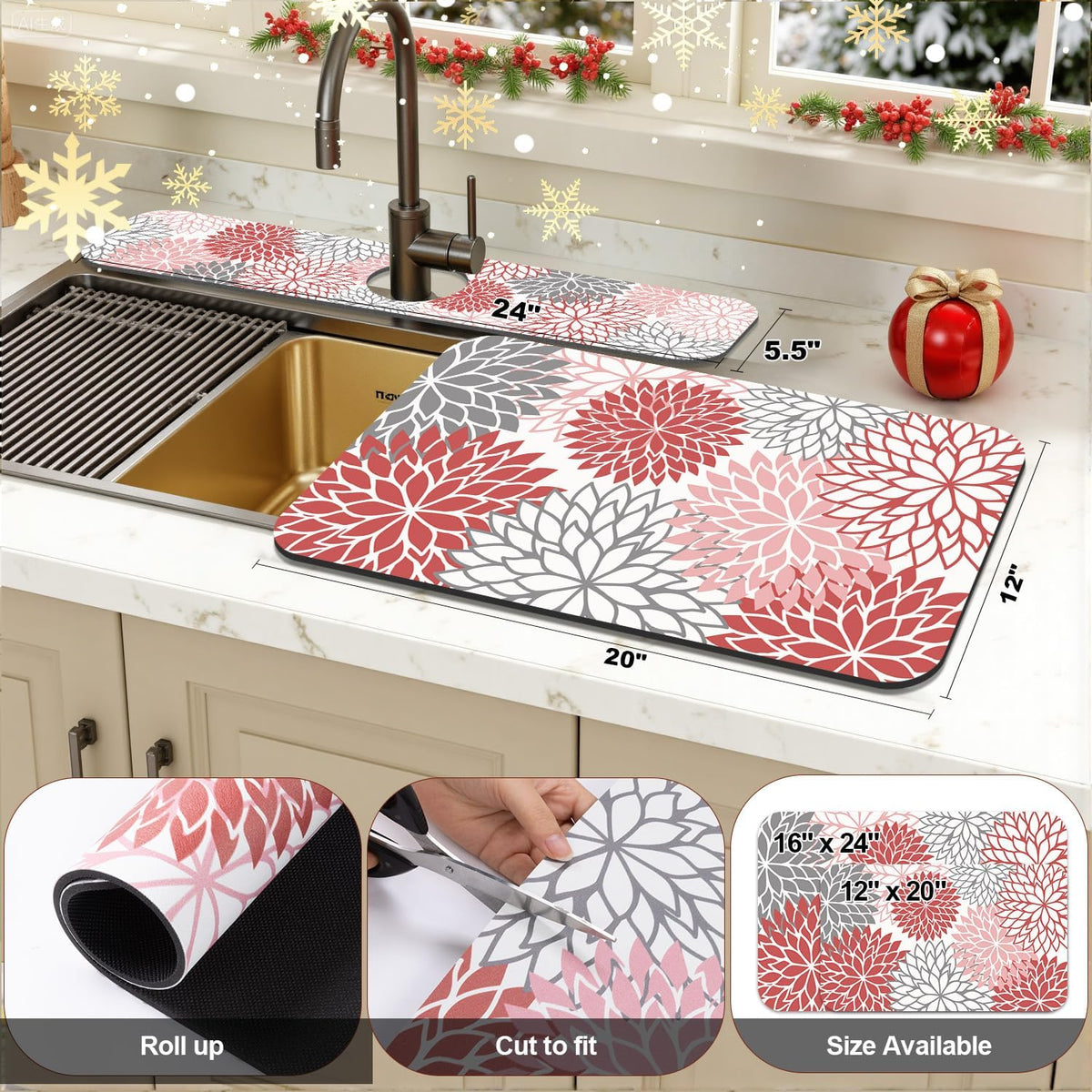 Findosom 2PCS 12" x 20" Dish Drying Mat & 24" x 5.5" Sink Splash Guard, Super Absorbent & Cuttable Dish Mat Drying Kitchen Mat with Red Floral, Hide Stain Drying Mat for Kitchen Counter