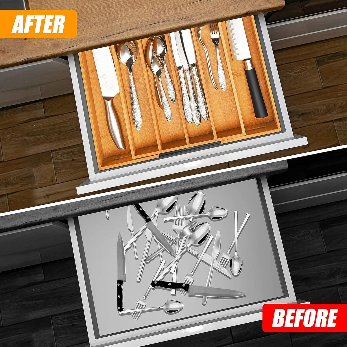 Kitchen Silverware Drawer Organizer and Storage Flatware Cutlery Utensil Holder Spice Rack Containers Bathroom Counter Cabinet Office Desk Makeup Drawer Tray Kitchen and Dining Tools Decor Accessories