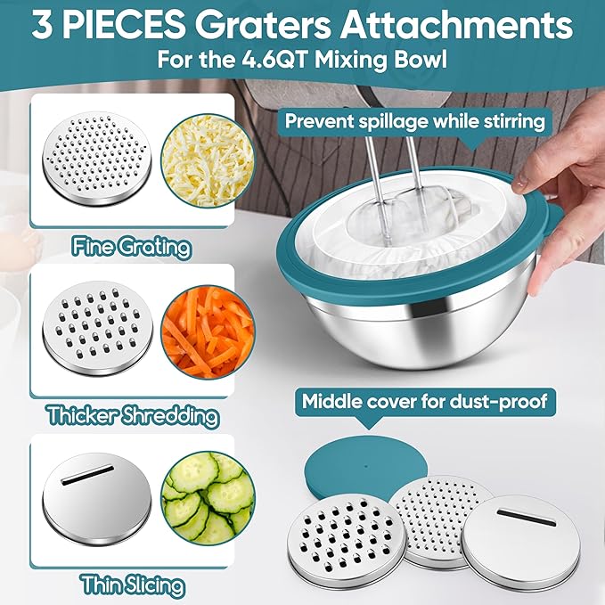 Herogo 5-Piece Mixing Bowls with Airtight Clear Lids, 3 Grater Attachments, Stainless Steel Large Bowls of 5 for Kitchen, Size 4.6, 3.5, 2.5, 2, 1.5QT Ideal for Mixing and Serving, Blue
