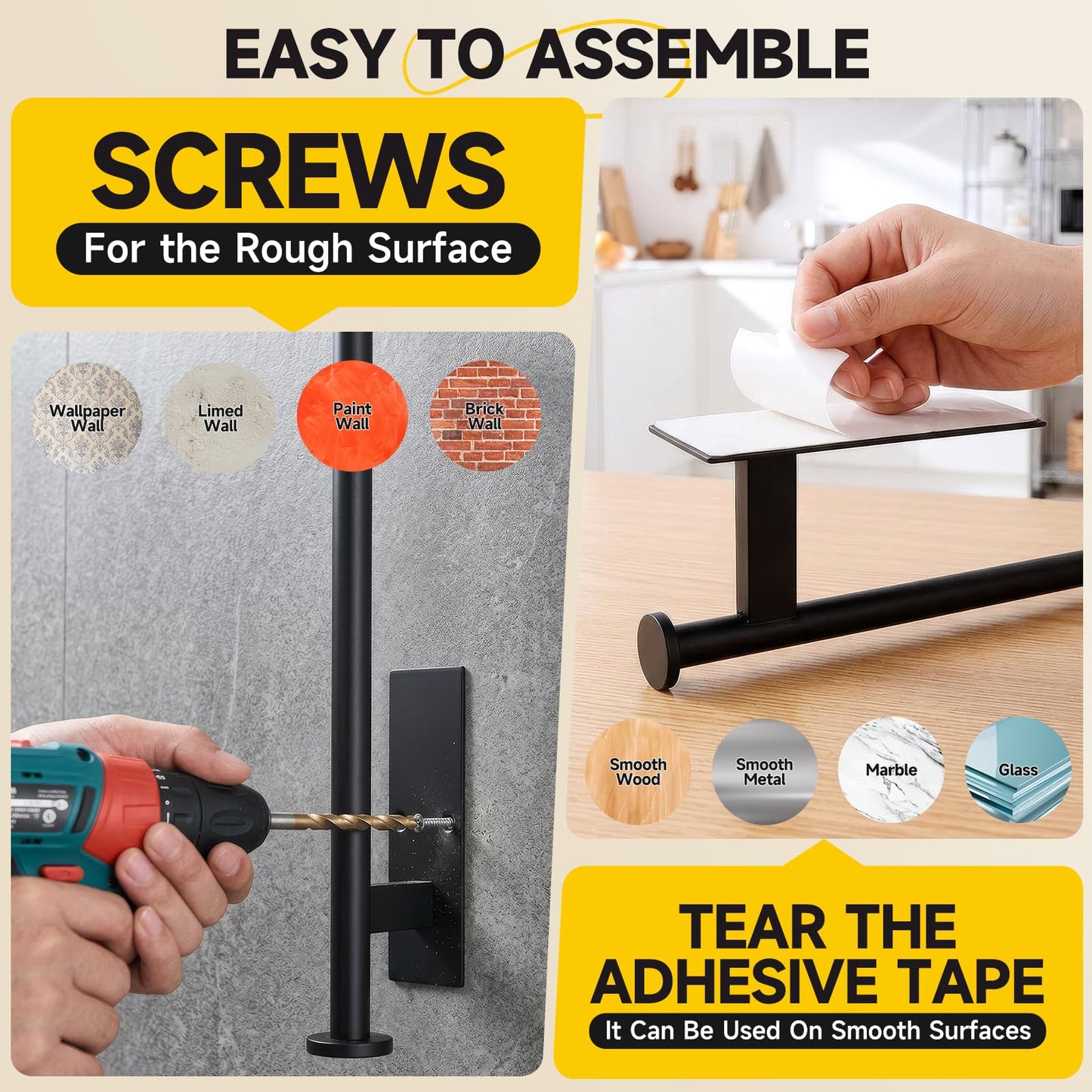 FISHCLOUD Paper Towel Holder Wall Mount - Self Adhesive No Drill or Drilling, SUS304 Stainless Steel - Kitchen, Bathroom, Sink, Pantry, Fridge(Black)