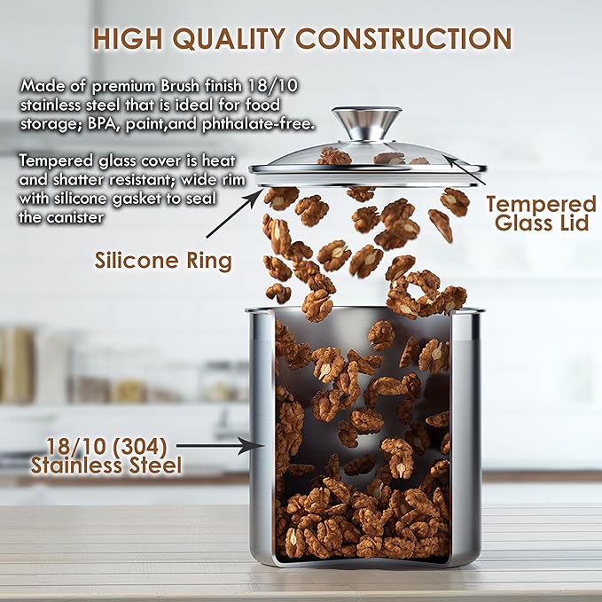 Cooks Standard Stainless Steel Food Jar Storage Canister Set Large 4-Piece, 1.6qt/2.5qt/3.5qt /5qt Airtight Containers with Glass Lid for Tea Coffee Sugar Flour Pantry Kitchen Counter