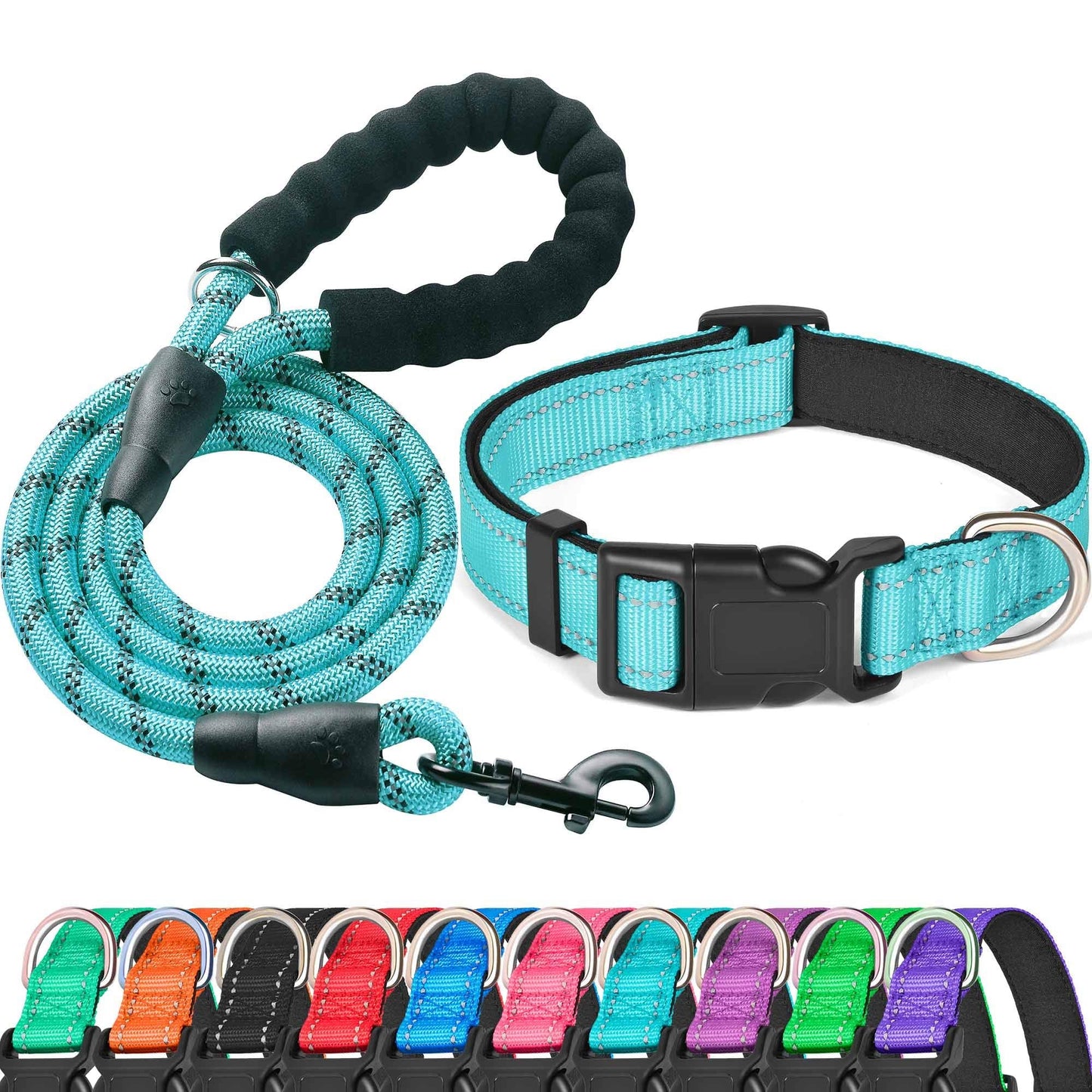 Ladoogo Reflective Dog Collar Padded with Soft Neoprene Breathable Adjustable Nylon Dog Collars for Small Medium Large Dogs (Medium (Pack of 1), Turquoise Collar+Leash)