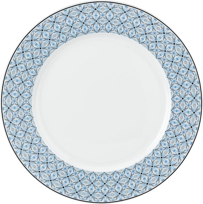 Portmeirion Home Mallorca 16 Piece Porcelain Dinnerware Set with Blue Geometric Border, 4 Place Settings - Ideal for Weekday Meals, Casual Brunches, Relaxed Dinner Parties, Small Family Celebrations