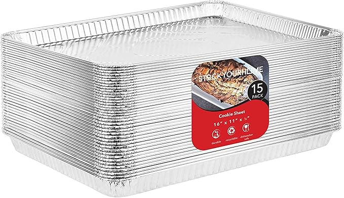 Stock Your Home Aluminum Pans - 15 Pack Disposable Aluminum Foil Trays - Reusable Nonstick Baking Sheets - 16 Inch x 11 Inch