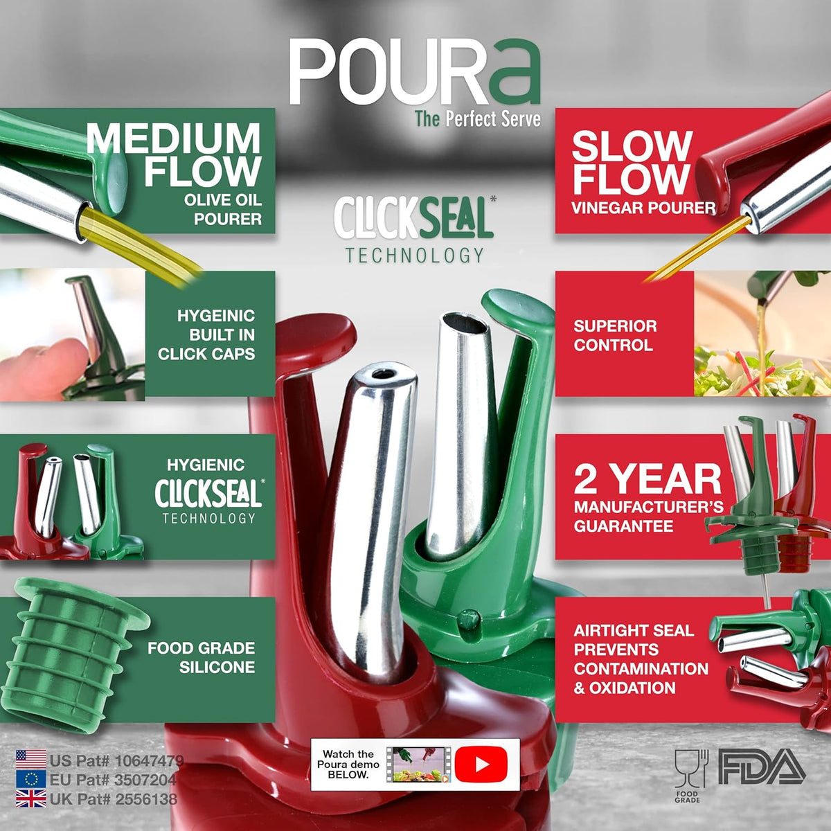 Poura Oil and Vinegar Dispenser Spouts | Airtight ClickSeal Bottle Pourers Keeps Oil Fresh with Built-in Caps | Use Your Own Bottles as Oil & Vinegar Dispensers | Dishwasher Safe