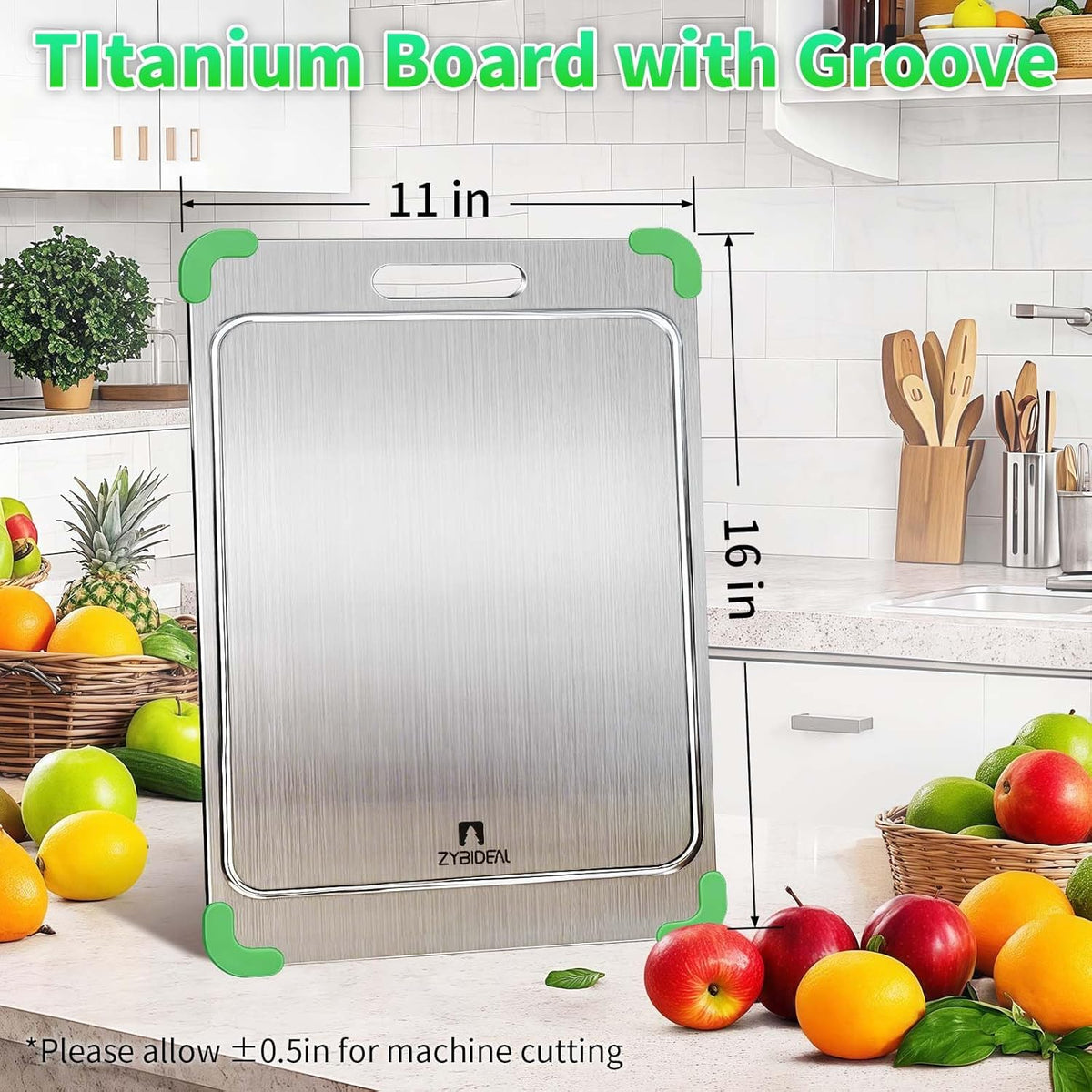 100% Pure Titanium Cutting Board with Grooves, Update Double Side Titanium Chopping Board, Silicone Anti-slip Stainless Cutting Boards for Kitchen 11 * 15 IN, Green
