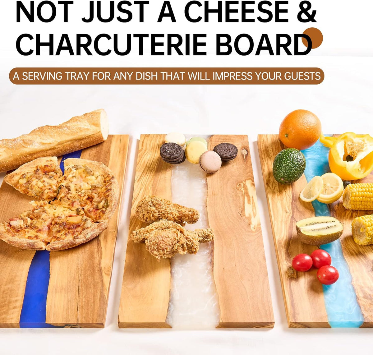 Italian Olive Wood luxury Cheese board with Resin, Charcuterie board, Chopping and Cutting Board for Meat Vegetable & Fruit, Wooden Epoxy Serving Board (Blue And White Gradient)