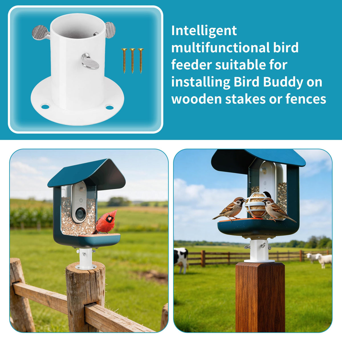 Metal Fence Pole Mount Adapter for Smart Bird Feeder Durable, Weather-Proof Post Mount Base Bird-Feeder with 6 Screws Easy Installation