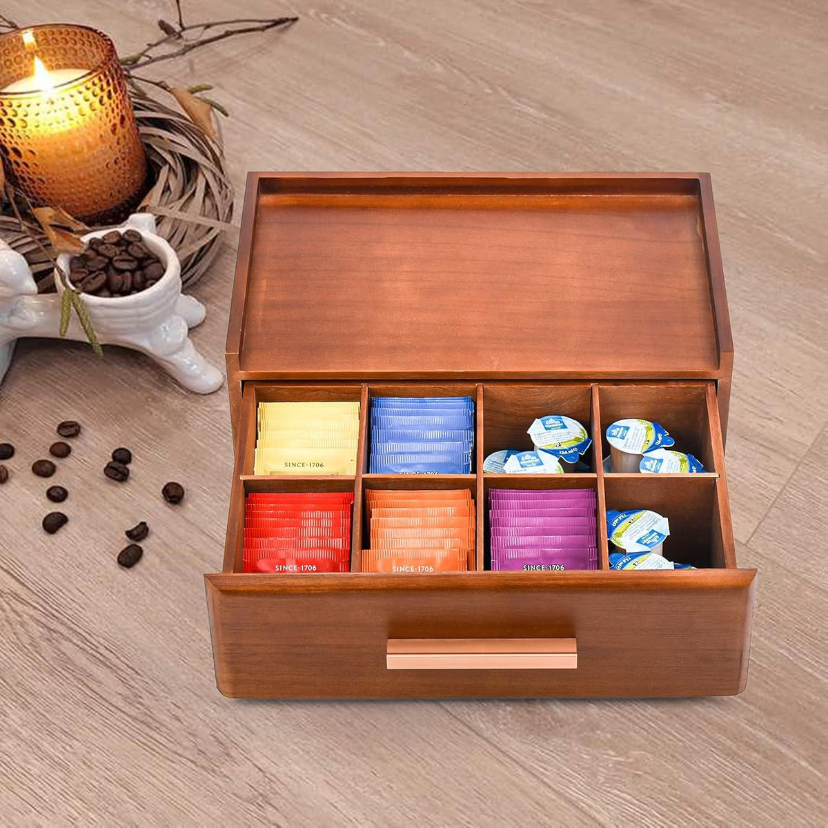 Wooden Tea Bag Organizer, Tea Box Organizer Storage Box, Coffee and Tea Drawer Organizer, Tea Bag Holder Station for Countertop Gift for Tea Lovers Containers for Caddy Packet