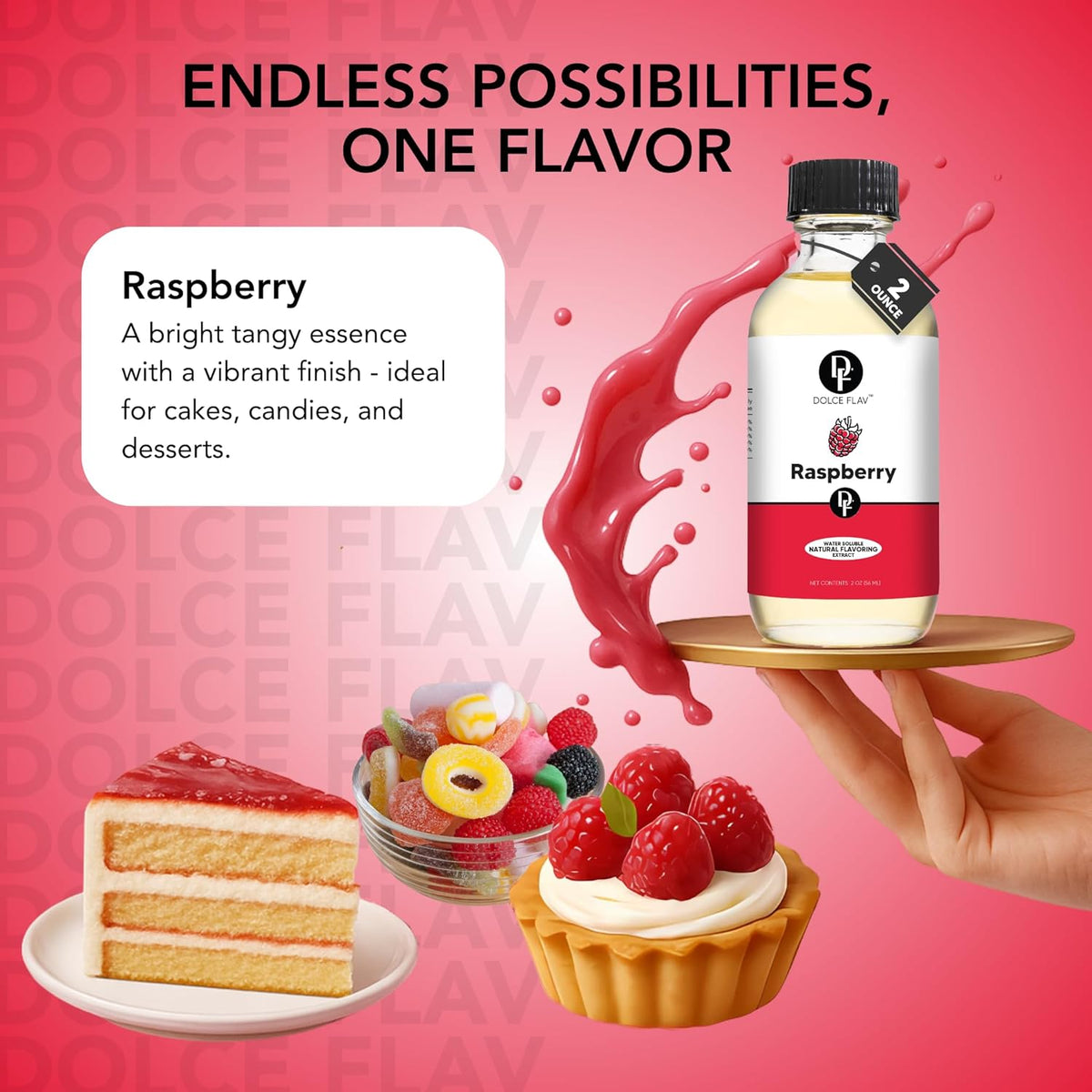 Dolce Flav Raspberry Extract (Oil-Soluble) 1 Gallon – Kosher, Sugar-Free, Concentrated Raspberry Flavoring for Chocolates, Candies & Baking