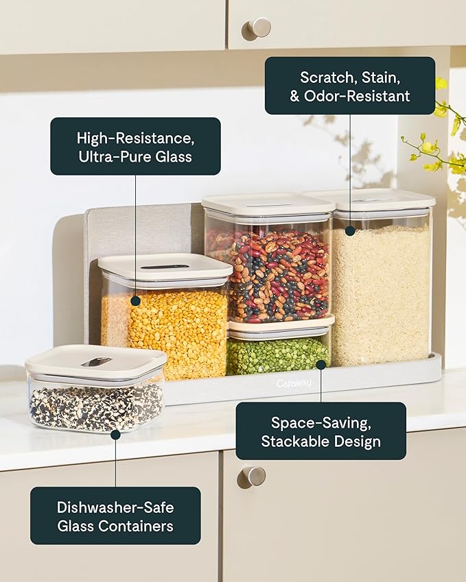 Caraway 2.5qt Glass Airtight Food Storage Container with Lid – Non-Toxic, BPA-Free Kitchen Storage Container – Stackable, Space-Saving Airtight Container for Dry Goods and More - Cream